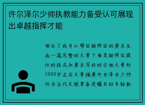 许尔泽尔少帅执教能力备受认可展现出卓越指挥才能